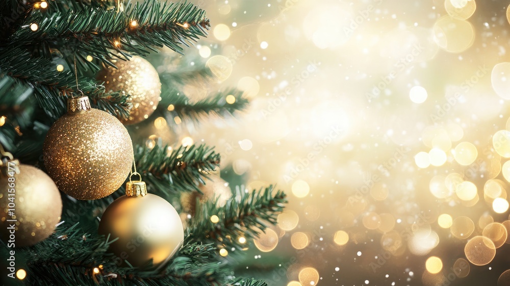 Christmas tree adorned with golden baubles against a soft bokeh backdrop Christmas tree adorned with golden baubles against a soft bokeh backdrop