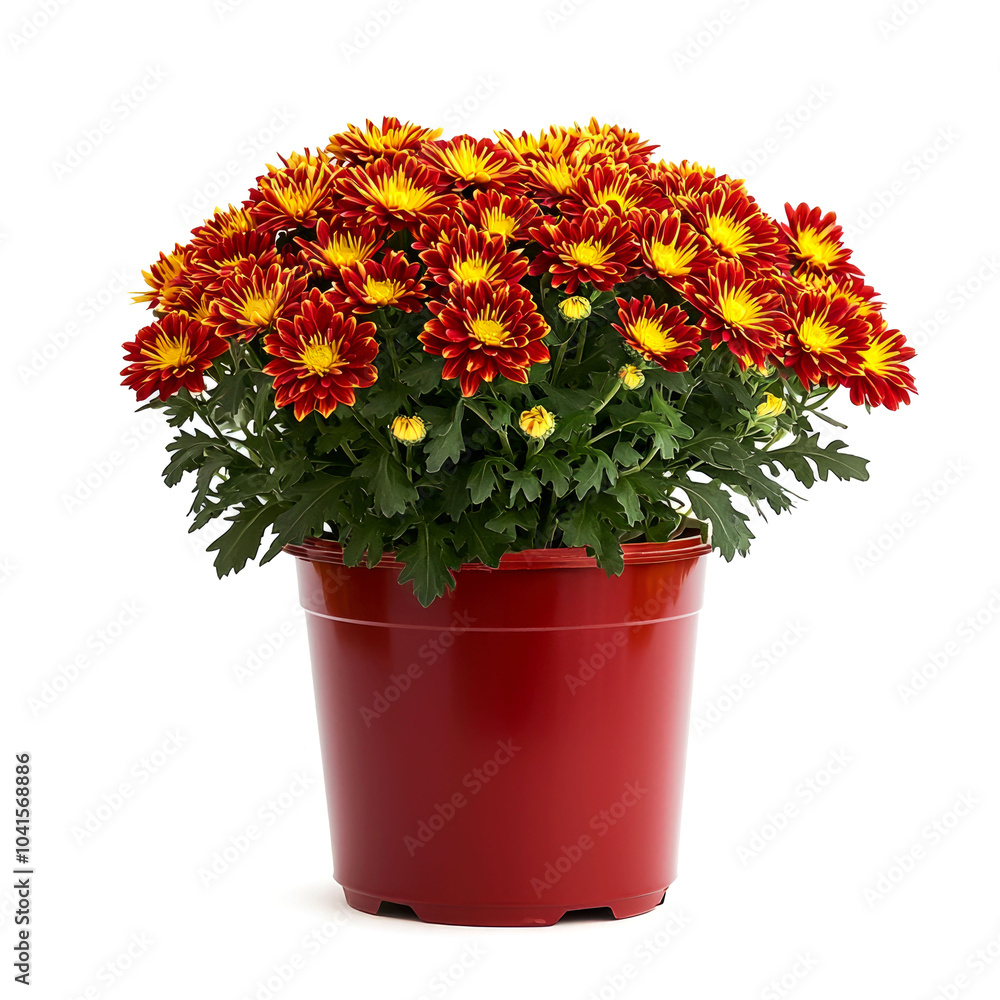 Fototapeta premium A potted red and yellow chrysanthemum plant on a white background.