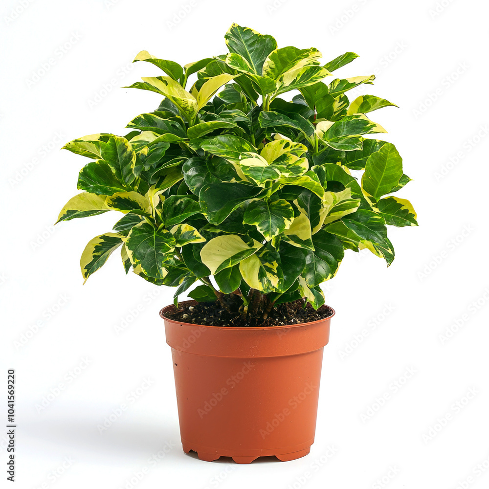 Fototapeta premium A potted variegated coffee plant with green and yellow leaves against a white background.