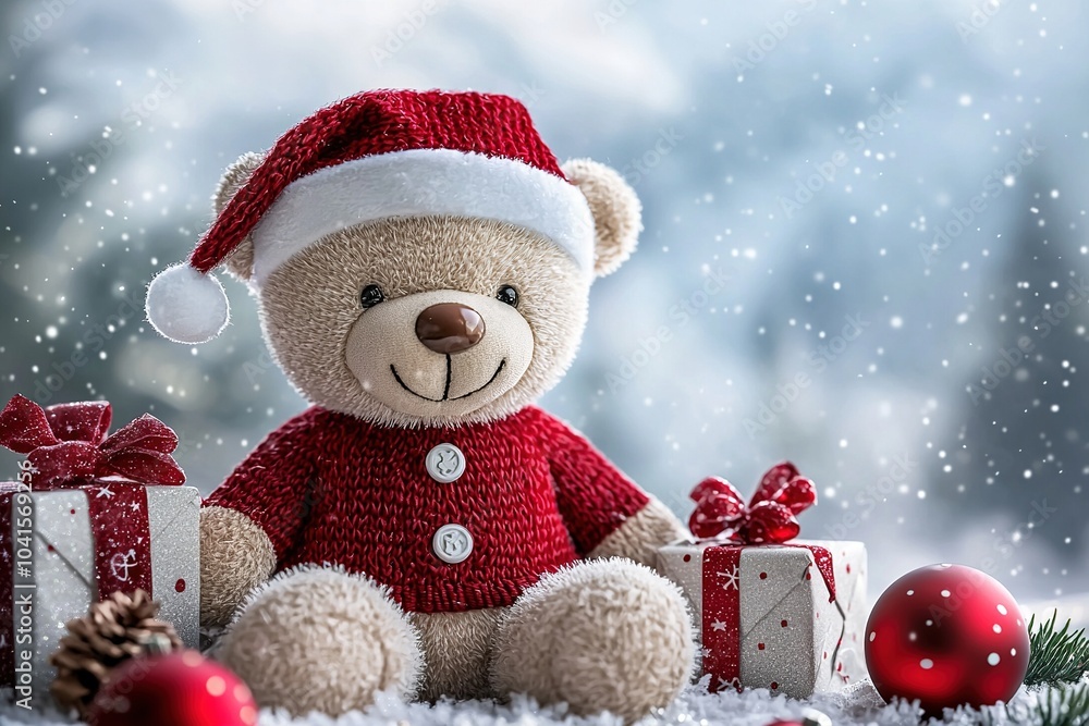 Christmas teddy bear wearing santa claus outfit and hat sitting among gifts, and presents outdoors. Generative Ai Christmas teddy bear wearing santa claus outfit and hat sitting among gifts, and presents outdoors. Generative Ai
