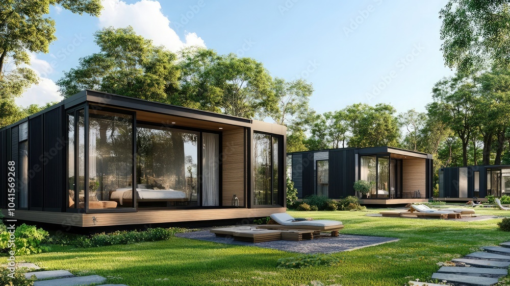 Modular homes with sleek modern architecture, 3D render Modular homes with sleek modern architecture, 3D render
