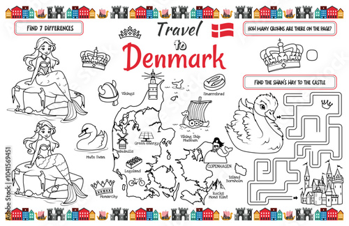 A fun placemat for kids. Printable “Travel to Denmark” activity sheet with a labyrinth and find the differences. 17x11 inch printable vector file