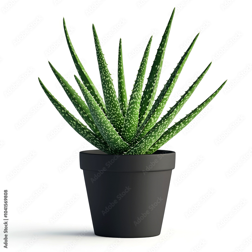 A single potted succulent plant with green leaves in a black pot. A single potted succulent plant with green leaves in a black pot.