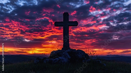 Silhouette of a Stone Cross at Sunset with a Colorful Cloudy Sky