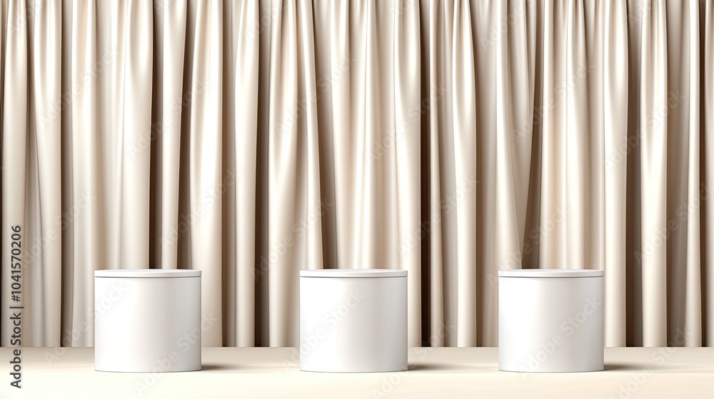 Three podiums of different heights are arranged before soft beige curtains, creating a serene and minimalist presentation space Three podiums of different heights are arranged before soft beige curtains, creating a serene and minimalist presentation space