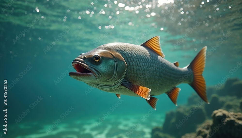 Fototapeta premium A fish is actively swimming in the vast ocean with its mouth open wide