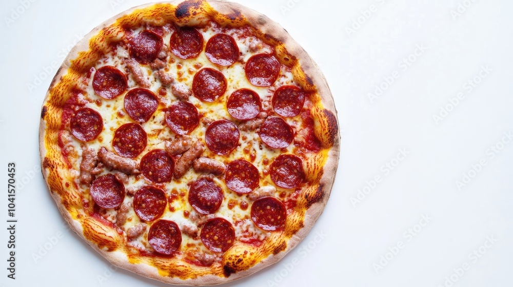 Tasty pizza topped with mozzarella salami sausages and tomato sauce presented on a white background Tasty pizza topped with mozzarella salami sausages and tomato sauce presented on a white background