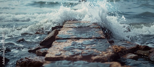 Destroed Stone Pier Splash Wave Sea Waves Break On Stones photo