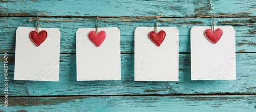 White Cards Of Paper With Decorative Love Pins Valentines Day Background With Copy Space Cozy Blue Wooden Background Copy Space