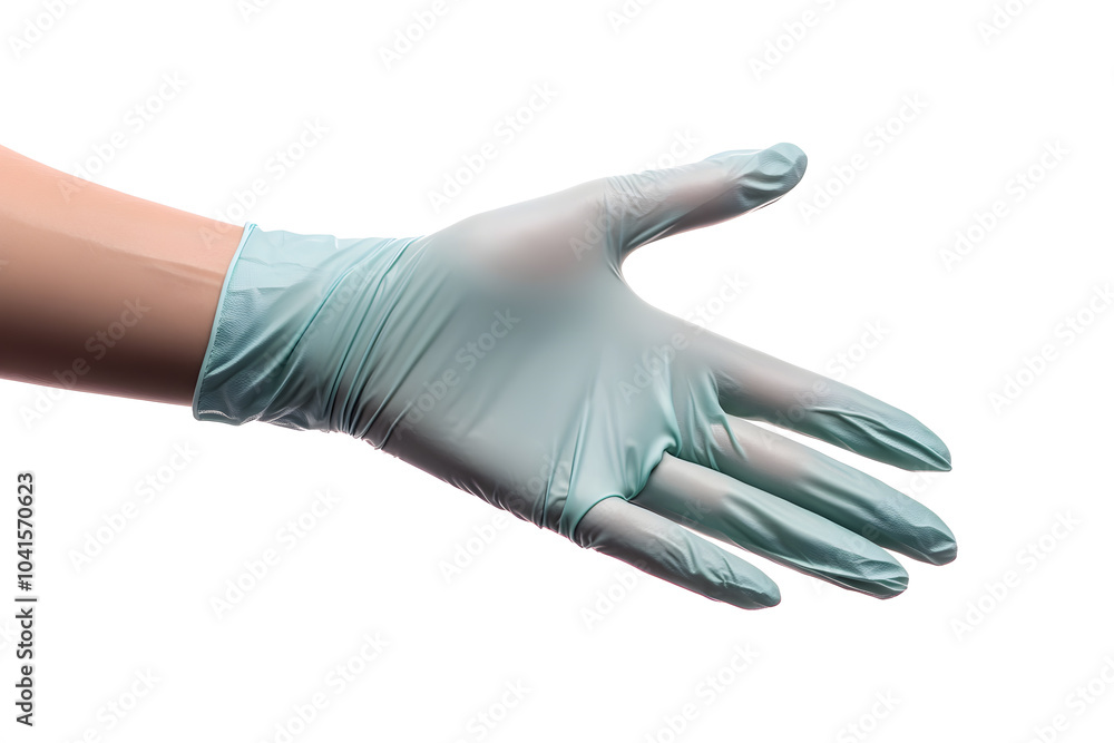 Hand with protective rubber latex glove isolated on white background Hand with protective rubber latex glove isolated on white background