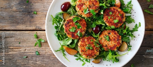 Lentil Fritters With Plum Sauce Tkemali Greens In A White Plate On A Wooden Table Healthy Vegan Food photo