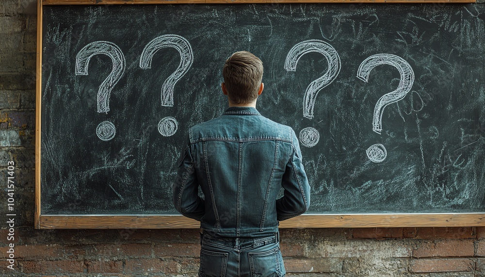 Man facing a chalkboard with four large, handdrawn question marks, 3D rendering, modern design, intellectual curiosity, engaging visuals Man facing a chalkboard with four large, handdrawn question marks, 3D rendering, modern design, intellectual curiosity, engaging visuals
