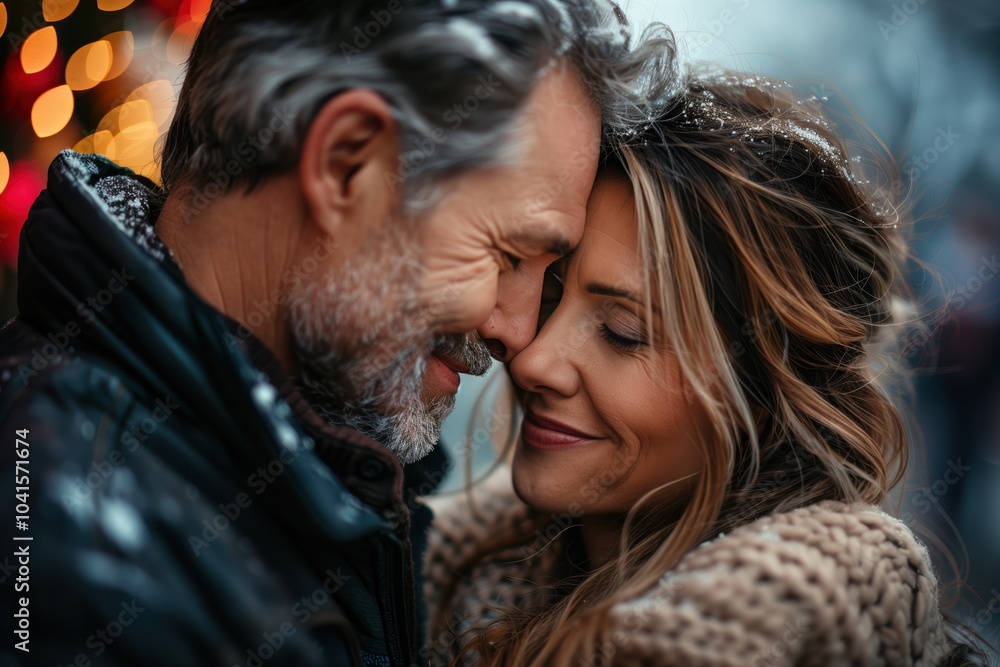 A mature couple embraces warmly, smiling at each other amidst falling snowflakes and twinkling lights, celebrating their love on Valentine's Day in a cozy outdoor environment. A mature couple embraces warmly, smiling at each other amidst falling snowflakes and twinkling lights, celebrating their love on Valentine's Day in a cozy outdoor environment.