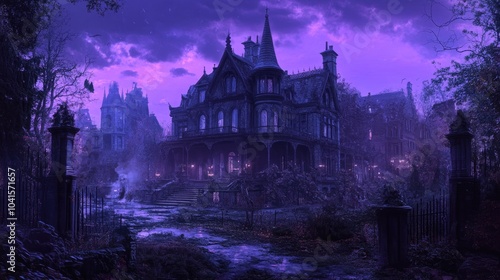 Depict a panoramic view of a haunted Victorian mansion at twilight merging Gothic features with modern graphic design aesthetics