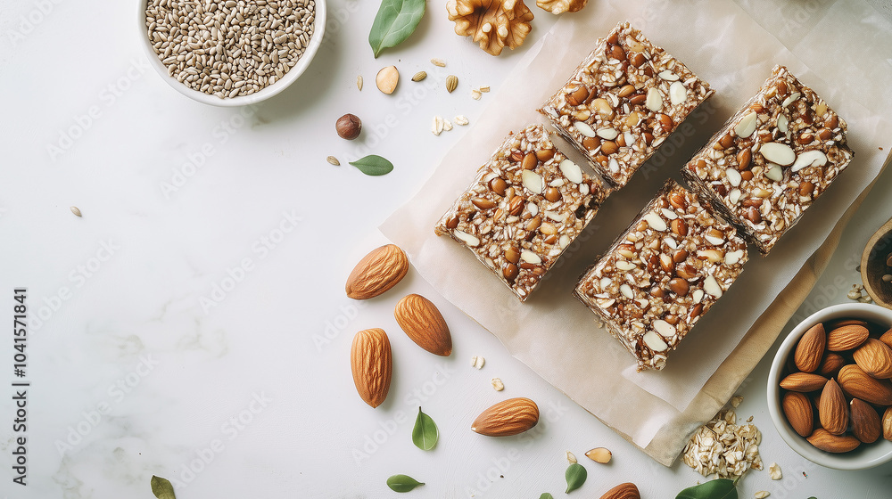 Top view of healthy granola bars with almonds, seeds, and nuts, surrounded by ingredients on a light background, promoting nutritious snacking. Top view of healthy granola bars with almonds, seeds, and nuts, surrounded by ingredients on a light background, promoting nutritious snacking.