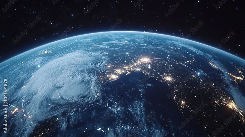Obraz premium An amazing view of the night Earth from space: the lights of cities shine through the clouds, and the light lines connecting the continents symbolize the global digital network.