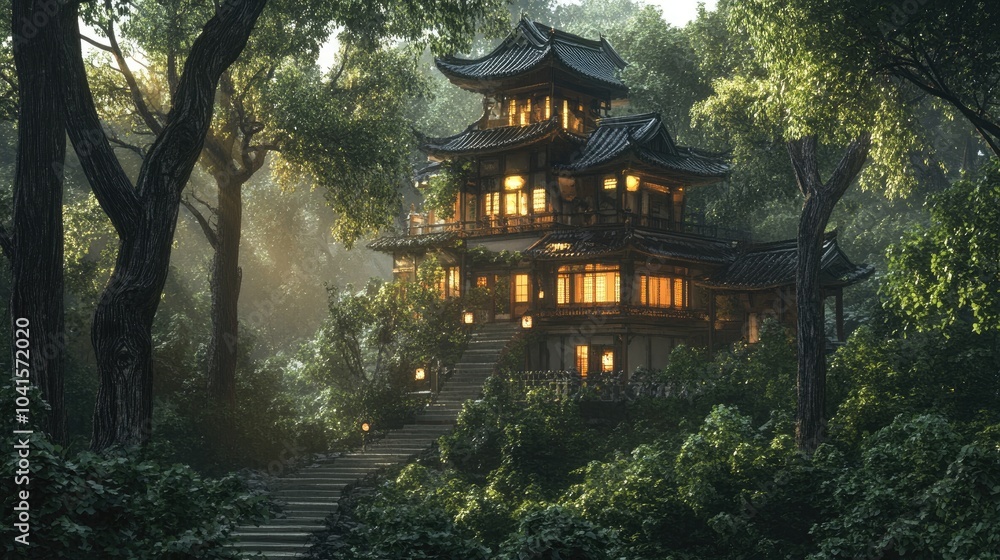 A beautifully crafted multi level structure illuminated by soft sunlight surrounded by vibrant green trees conveys a timeless elegance and inviting charm A beautifully crafted multi level structure illuminated by soft sunlight surrounded by vibrant green trees conveys a timeless elegance and inviting charm