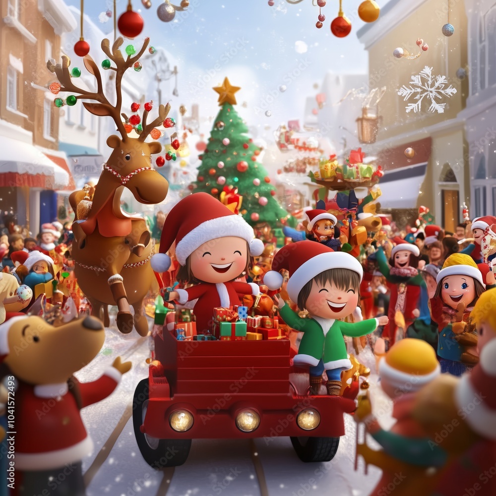 Fototapeta premium Festive Cartoon Characters Leading a Christmas Parade