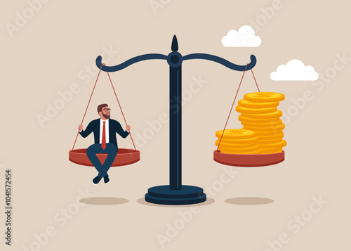 Time value. Compare money to time. Growth, income, savings, investment. Inequality between time and money. Symbol of wealth. Business success. Flat vector illustration. 