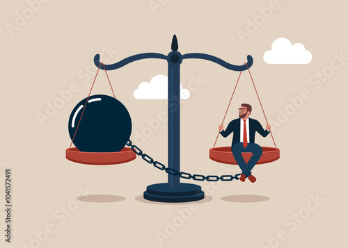 Justice. Businessman and his punishment for the crime he committed. Man chained with heavy chain. Concept of slavery, prison or depression. Flat vector illustration. 