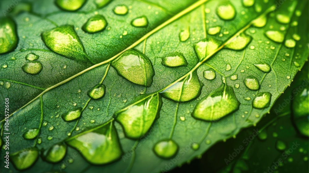 Lush green leaf adorned with water droplets creating an abstract textured background Ideal for use in designs requiring ample copy space Viewed from below Lush green leaf adorned with water droplets creating an abstract textured background Ideal for use in designs requiring ample copy space Viewed from below