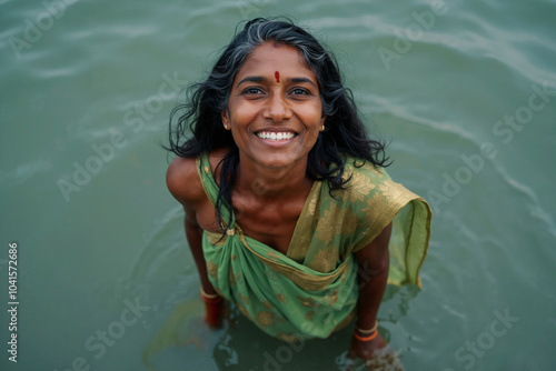 A smiling Indian woman, religious Hindu devotee, taking a dip in the waters of the Ganges to perform the ritual bath of cleansing and purifying the soul at the holy river in Varanasi, India. Portrait.