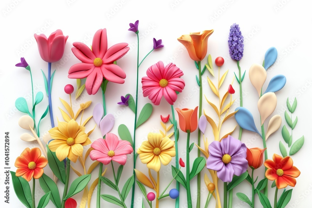 Vibrant clay flowers on white background: colorful blooming art Vibrant clay flowers on white background: colorful blooming art