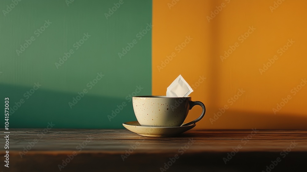 A tea bag is immersed in a cup, resting on a rustic wooden table, showcasing vibrant wall colors in a calming environment. Generative AI A tea bag is immersed in a cup, resting on a rustic wooden table, showcasing vibrant wall colors in a calming environment. Generative AI