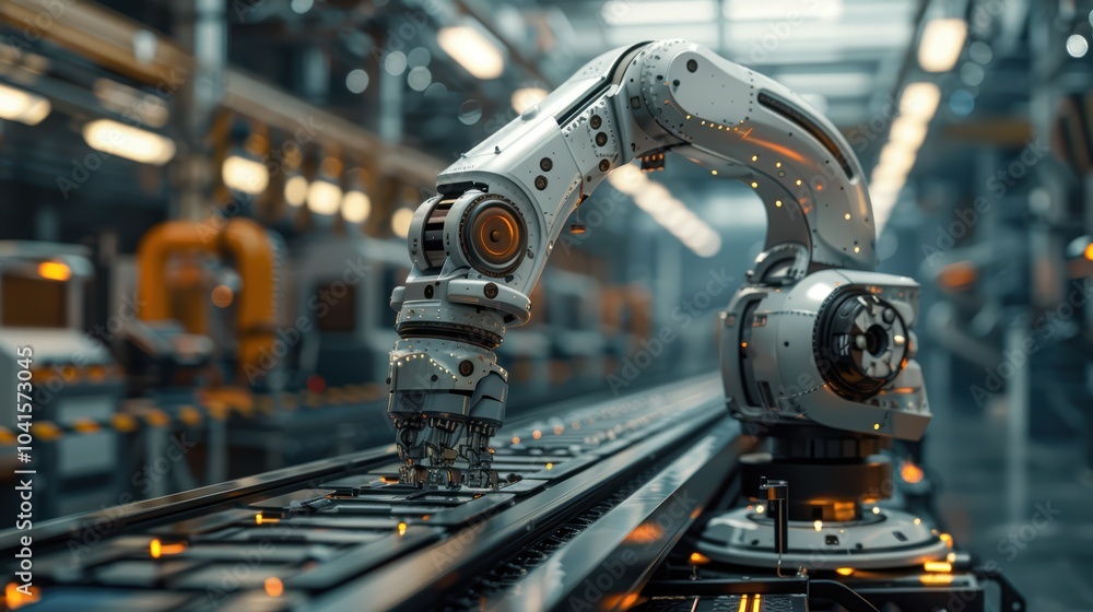 Futuristic robotic arm in advanced automated manufacturing facility, efficient precision engineering, industrial innovation. Futuristic robotic arm in advanced automated manufacturing facility, efficient precision engineering, industrial innovation.