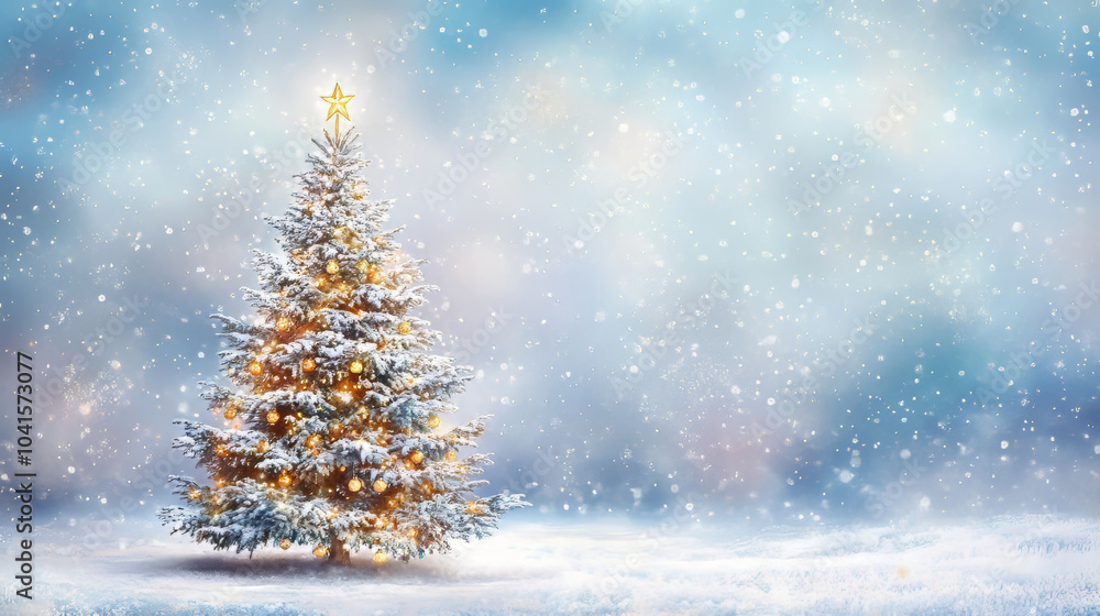 snowy outdoor scene features majestic Christmas tree adorned with glowing decorations, creating festive and serene atmosphere. star atop tree shines brightly. snowy outdoor scene features majestic Christmas tree adorned with glowing decorations, creating festive and serene atmosphere. star atop tree shines brightly.