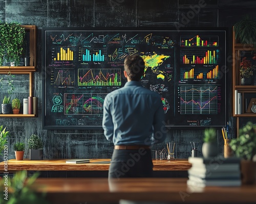 3D rendering of a businessperson sketching charts and graphs on a blackboard during a presentation, vibrant visuals, modern design, effective communication photo