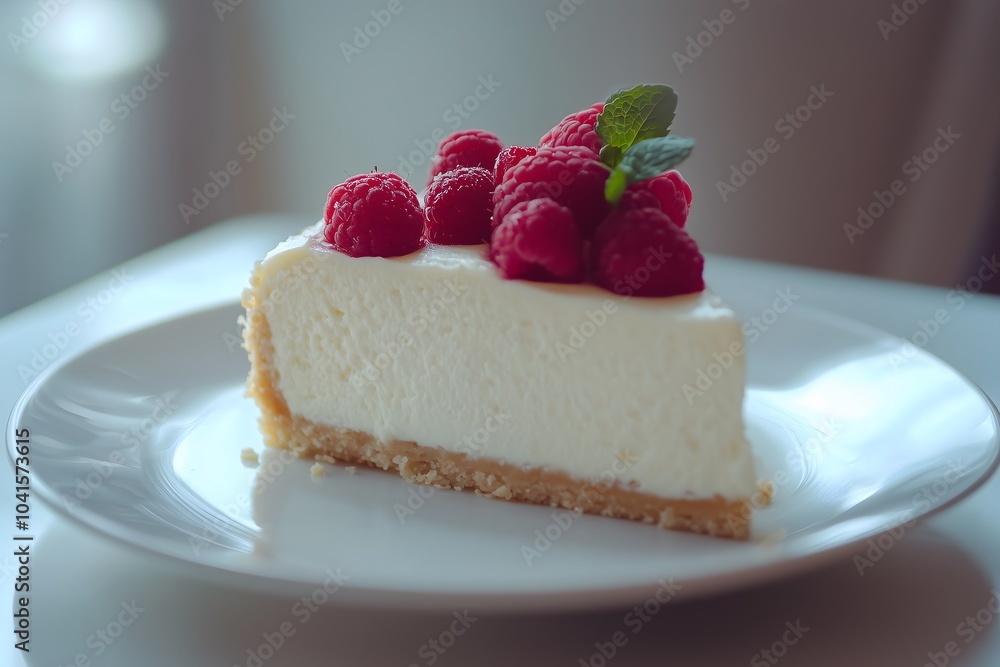 A slice of cheesecake topped with fresh raspberries A slice of cheesecake topped with fresh raspberries