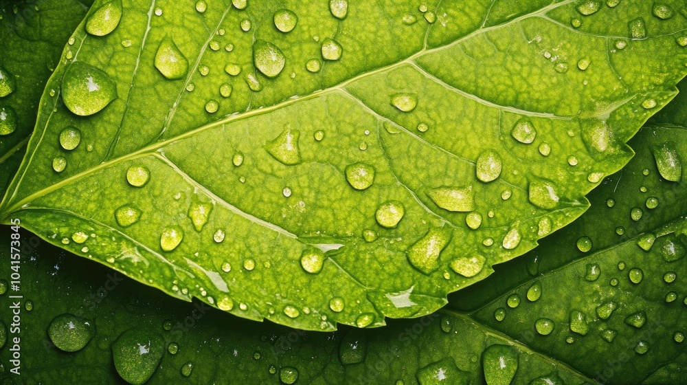 Fototapeta premium Lush green leaf adorned with water droplets creating an abstract textured background Ideal for use in designs requiring ample copy space Viewed from below
