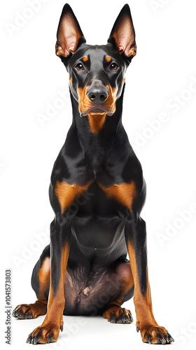 Doberman sitting, isolated on white background