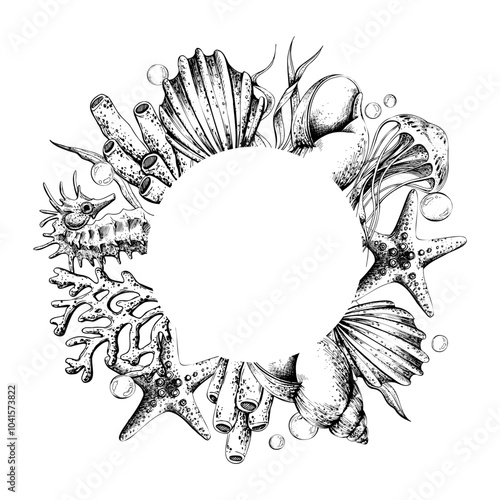Seahorse with jellyfish, fish, corals, seaweed, shells, corals and starfish. Hand drawn graphic illustration in black and white color line art. Frame wreath template on a sea theme