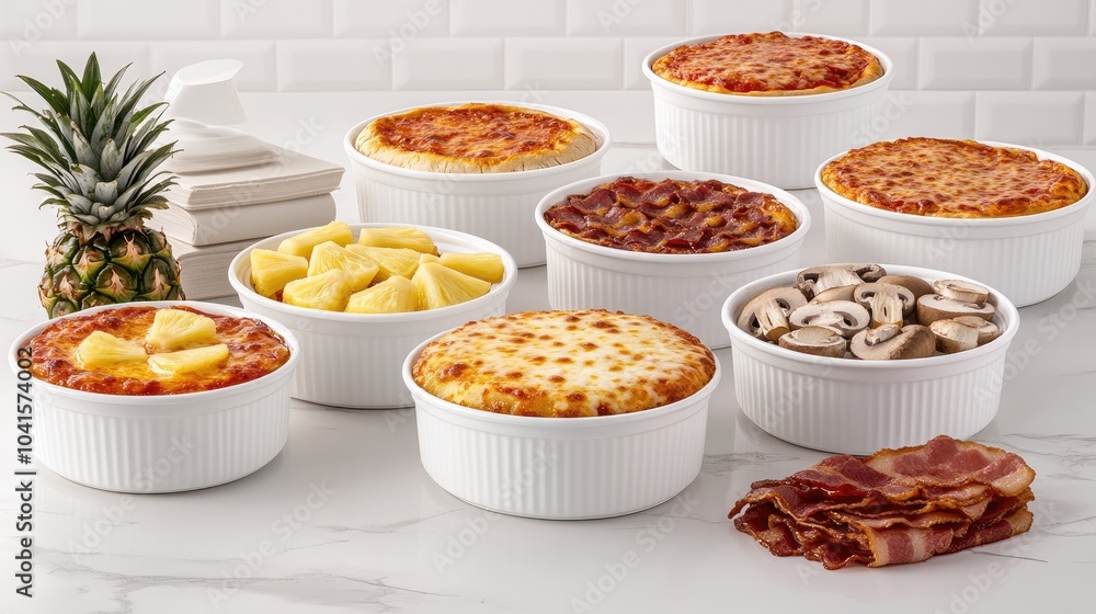 Small white ramekins showcase various pizza recipes with toppings like mushrooms, pineapple, bacon, and mozzarella cheese Small white ramekins showcase various pizza recipes with toppings like mushrooms, pineapple, bacon, and mozzarella cheese