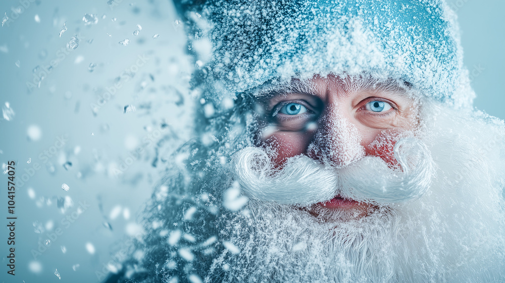 Close-up of a frost-covered Santa Claus with icy blue eyes, surrounded by swirling snowflakes, capturing the magic of winter and the holiday season. Close-up of a frost-covered Santa Claus with icy blue eyes, surrounded by swirling snowflakes, capturing the magic of winter and the holiday season.