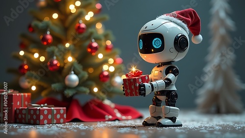 santa claus with gifts. robot holding gift under christmas tree 