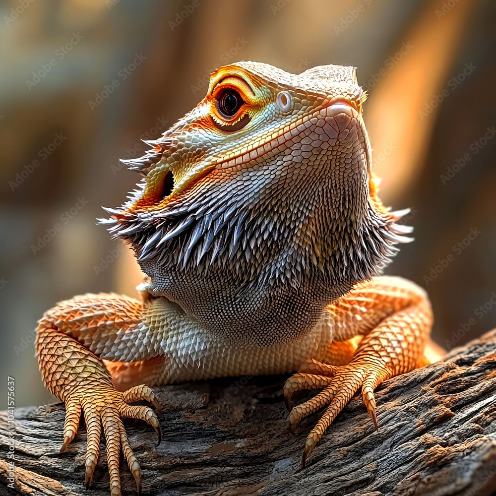 Obraz premium Close-up of a bearded dragon lizard with its head tilted up and a spiky beard.