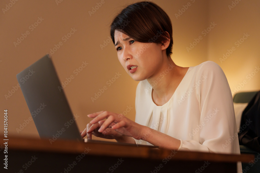 夜に家でパソコンで仕事する過労の女性 夜に家でパソコンで仕事する過労の女性