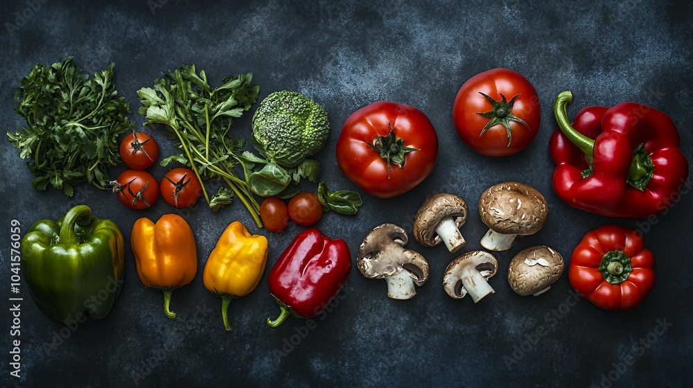 Fresh Vegetables and Mushrooms on a Dark Background Fresh Vegetables and Mushrooms on a Dark Background