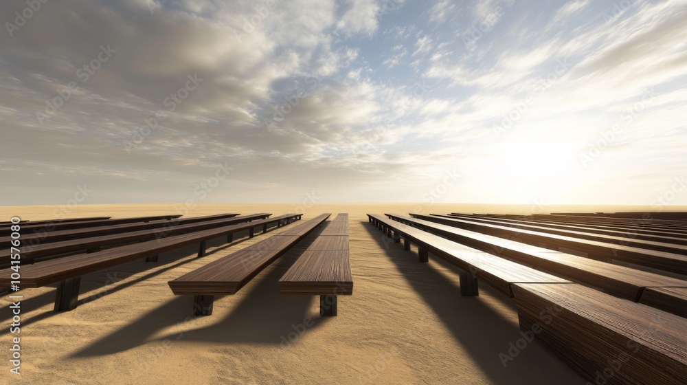 Fototapeta premium Solar Panels in Desert Landscape at Sunset