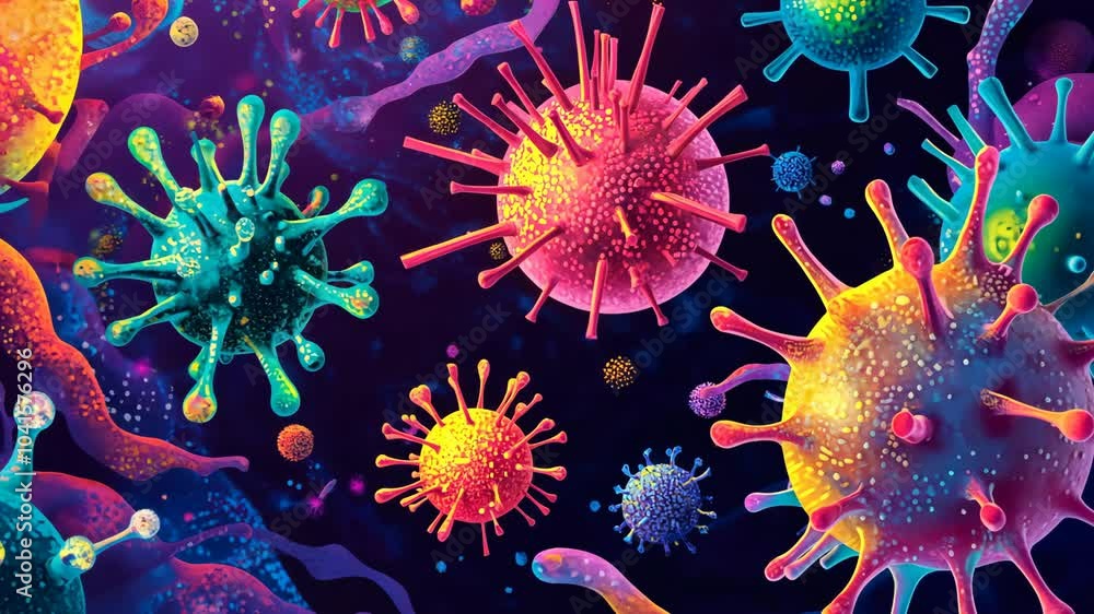 A colorful illustration depicts several viruses in different shapes and sizes A colorful illustration depicts several viruses in different shapes and sizes