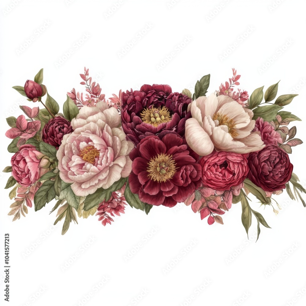 burgundy and black flower swag, peonies and floral stems burgundy and black flower swag, peonies and floral stems