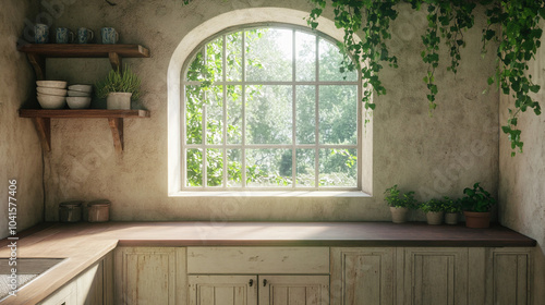 Rustic Kitchen Interior with Window View and Wooden Countertop