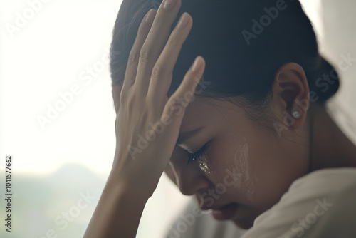 A sad woman sitting in her bedroom, looking directly at the camera with her hand resting on her face. This high-resolution, high-detail image, with sharp focus and depth of field, won a stock photo co photo