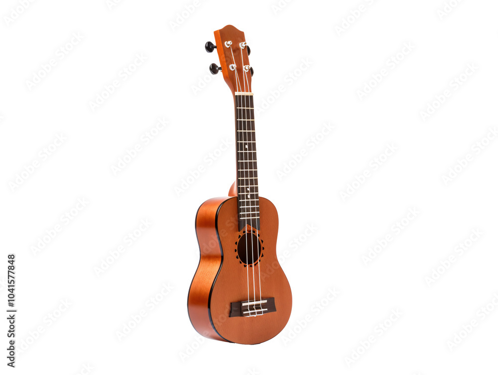 a brown ukulele with black strings a brown ukulele with black strings