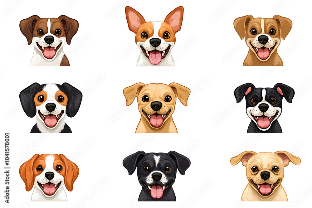 Obraz premium Collection of cartoon style dog faces isolated on white background