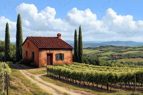 Serene Tuscan Villa with Cypress Trees, Vineyards, and Majestic Mountains in Vivid Digital Painting Style photo