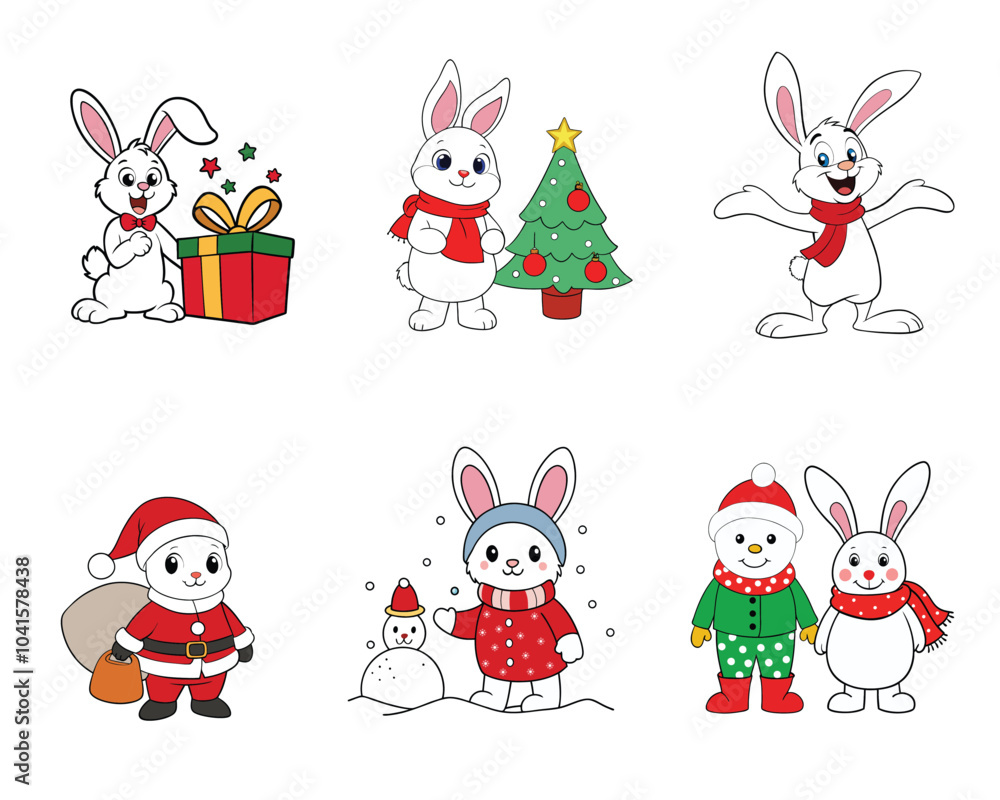 Fototapeta premium Collection of Christmas Rabbit clipart - Christmas Rabbit vector illustration 